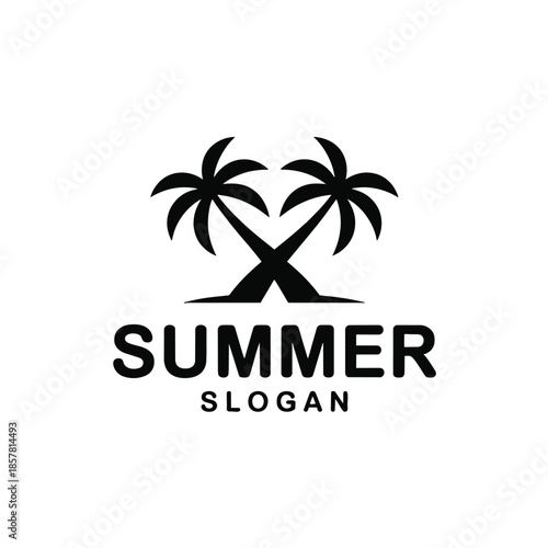 Summer Slogan: A minimalist logo featuring two crossed palm trees in silhouette, the word SUMMER prominently displayed underneath, and a tagline or slogan suggesting a sense of ease.