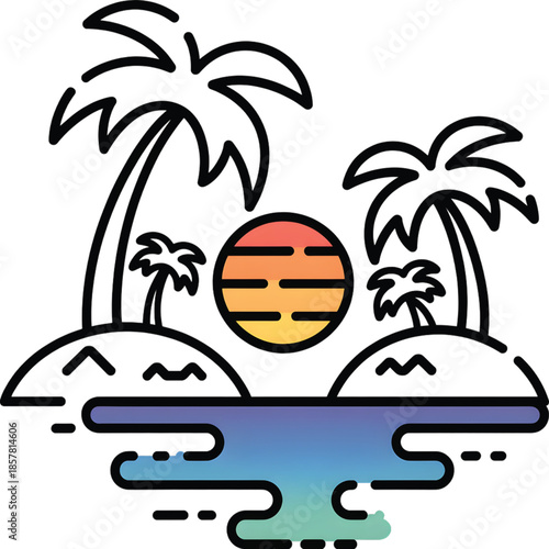Tropical Island Paradise: A serene depiction of a tropical island, complete with swaying palm trees, a vibrant sunset casting its warm glow over the tranquil ocean.