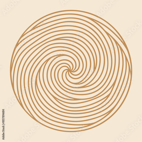 Golden spiral geometric design on a light beige background Keywords: abstract, geometric, spiral, golden, design, circle, pattern, lines, curves, symmetrical, hypnotic, optical illusion, vortex