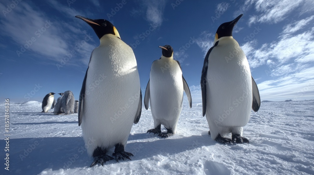 Obraz premium Group of large flightless aquatic birds standing on a vast snowy expanse under a bright blue sky