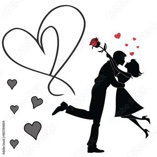 Vector illustration couple embracing with rose and hearts in silhouette