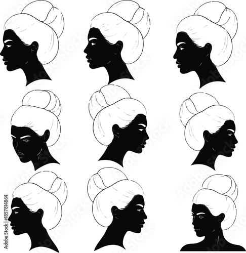 Fashion Illustration of Woman Profile Silhouette with Elegant Hair Bun Set