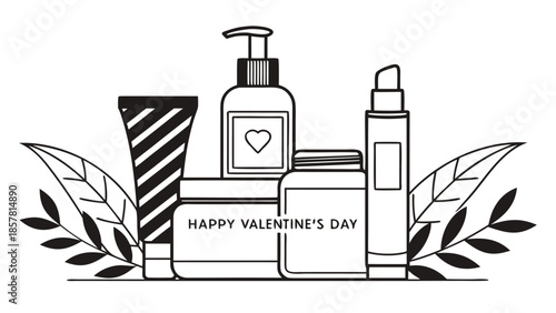 A charming valentine s day arrangement featuring cosmetic products and botanical leaves in a striking silhouette