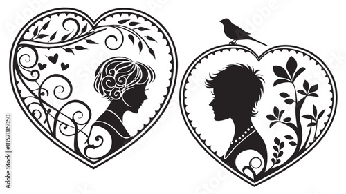 intricate heart shaped frames containing detailed profile silhouettes of women with a bird perched nearby silhouette