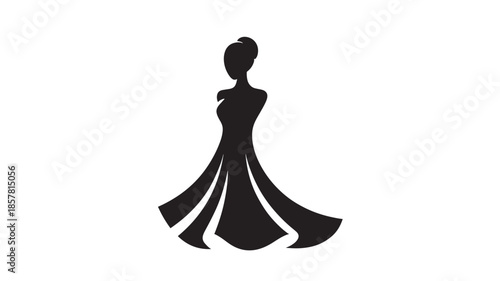 Woman in elegant black dress silhouette in minimalist style with dramatic flowing skirt for fashion branding