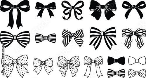 Set of decorative ribbon bows, cute gift knot vector illustration collection, black striped and dotted hair accessories, holiday party decoration symbols, isolated designs,