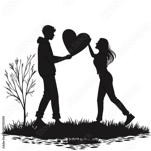 Vector illustration silhouette of a couple exchanging a heart in a serene landscape