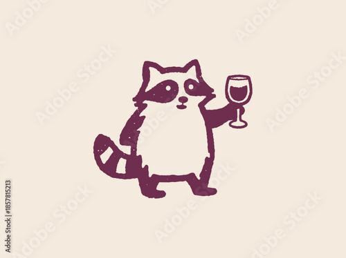 Raccoon holding wine glass naive doodle vector illustration