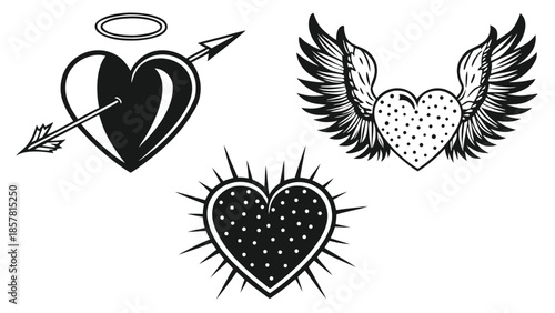 Vector illustration black and white heart illustrations with various designs and elements