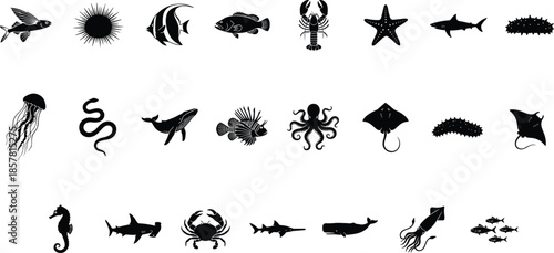 Set of marine life silhouettes, ocean animal vector illustration collection, sea creature icons, hammerhead shark lionfish crab symbols, underwater wildlife, isolated black designs
