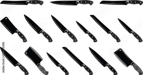 Collection of professional kitchen knife silhouettes, butcher meat cleavers and chef knives, cooking tools vector illustration set, black and white cutlery icons