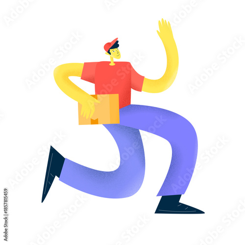 Fast Courier Running Quickly to Deliver Package Illustration With Grain Texture