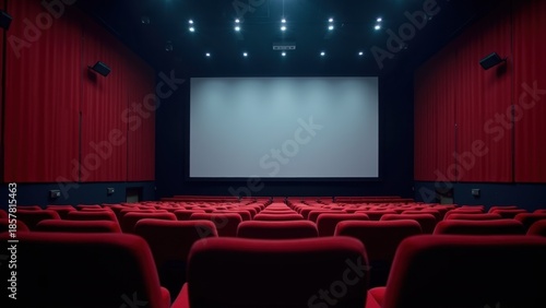 Empty movie theater with red seats and glowing blank screen, concept of entertainment industry, film festivals