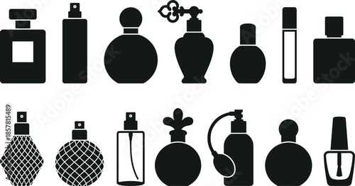 Set of perfume bottle silhouettes, luxury fragrance container icons, cosmetic spray vector illustration collection, beauty product packaging shapes, elegant scent glass jars, black isolated symbols