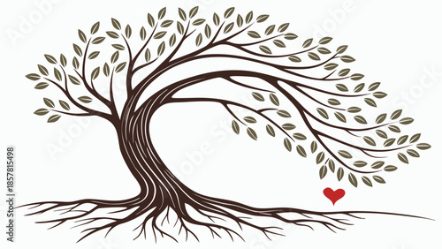 a graceful tree with a full crown of green leaves and a small heart at its roots silhouette