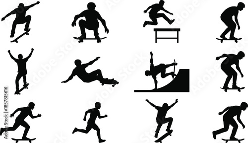 Set of skateboarder silhouettes, active man jumping and running, parkour vector illustration collection, extreme sport tricks, urban youth culture symbols, isolated figures