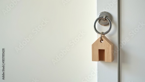 Wooden house shaped keychain hanging from key in door lock, minimal closeup of home symbol keyring on white door knob against neutral background, concept of real estate, home buying, property ownershi