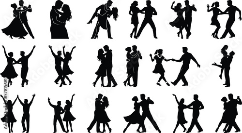 Set of dancing couple silhouettes, romantic man and woman icons, ballroom and salsa dancers vector illustration collection, wedding party symbols, isolated figures