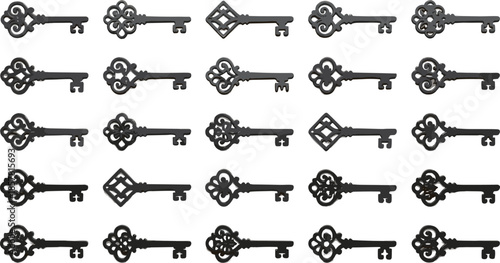 Set of vintage antique skeleton key silhouettes, ornamental retro door lock icons, old security symbols vector illustration collection, decorative metal medieval design shapes