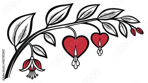 A delicate branch with heart shaped flowers and berries rendered in a striking black and red silhouette