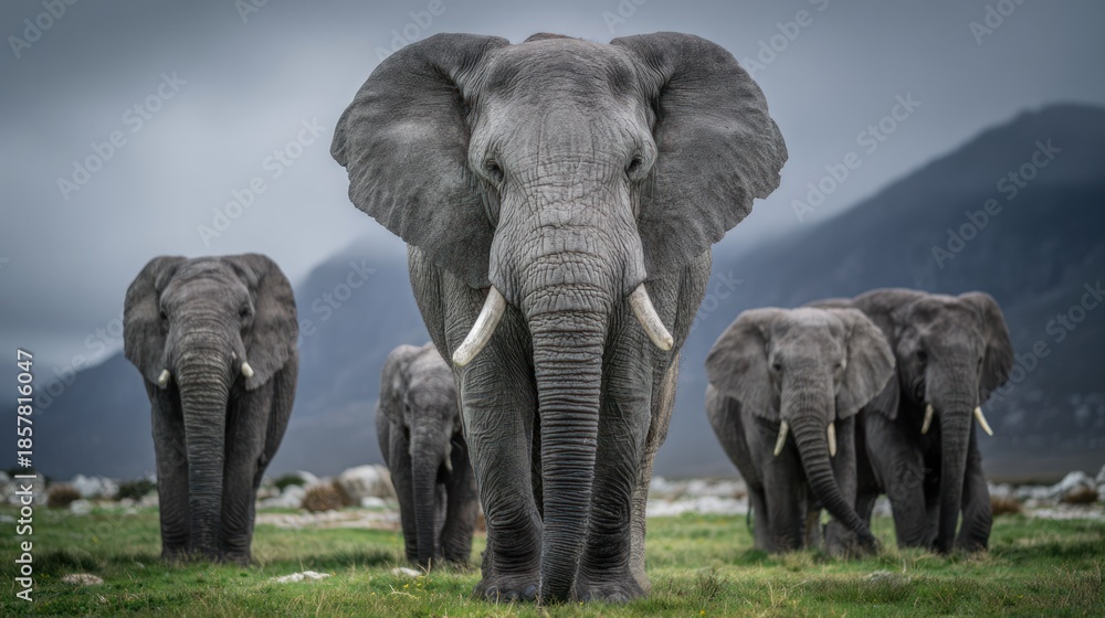 Fototapeta premium Group of African elephants stands attentively in a grassy landscape with distant mountains under an overcast sky