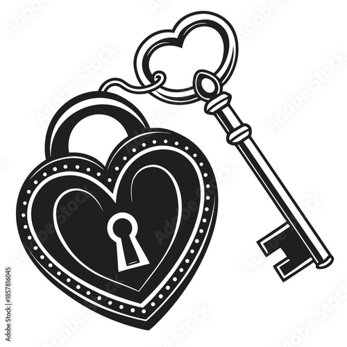 Vector illustration heartshaped padlock with a key attached, symbolizing love and security