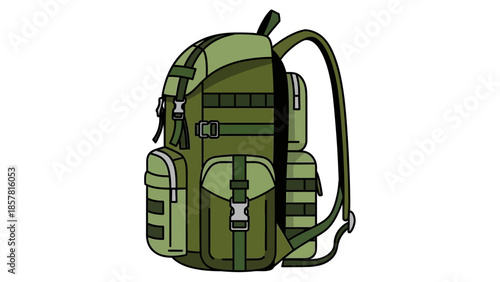 Green backpack with multiple pockets and buckles for outdoor adventures