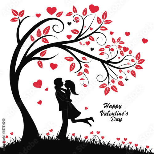 Vector illustration romantic couple embracing under a heartfilled tree on valentines day