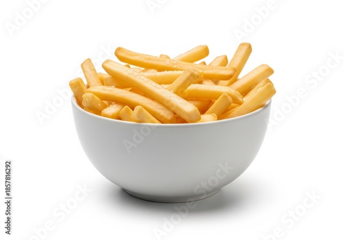 Golden French Fries in White Bowl Isolated on White Background