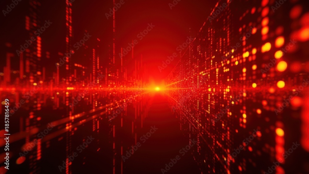 Fototapeta premium Abstract digital background with glowing red and orange lights converging towards a bright central horizon
