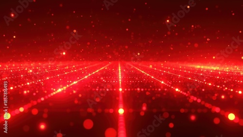 Abstract digital background with glowing red and orange lights converging towards a bright central horizon