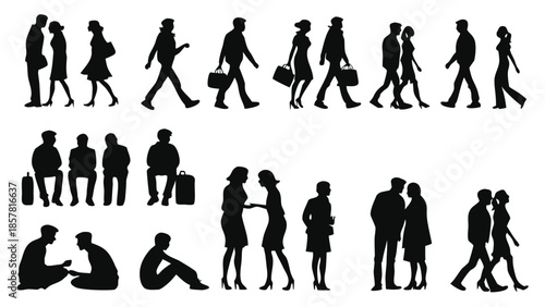 A collection of various black human figures in dynamic poses showcasing different actions and interactions silhouette