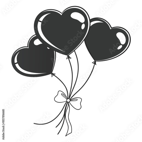 Vector illustration black heart shaped balloons tied together with ribbon