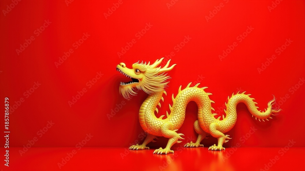 Fototapeta premium Golden metal dragon with open mouth and flowing whiskers on vibrant red background, ornate traditional chinese mythical creature in dynamic pose, concept of chinese new year, lunar celebrations