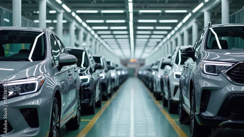Naklejka premium Rows of brand Chinese new silver cars aligned symmetrically in modern factory interior under bright lights, concept of automotive manufacturing, car industry, electric vehicle production