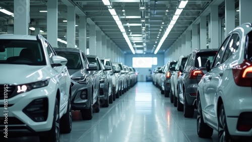Rows of brand Chinese new silver cars aligned symmetrically in modern factory interior under bright lights, concept of automotive manufacturing, car industry, electric vehicle production