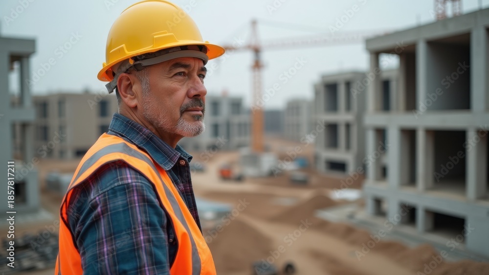 Fototapeta premium Senior construction worker with gray beard, wearing yellow hard hat and orange safety vest, blurred building site background, concept of construction industry, engineering