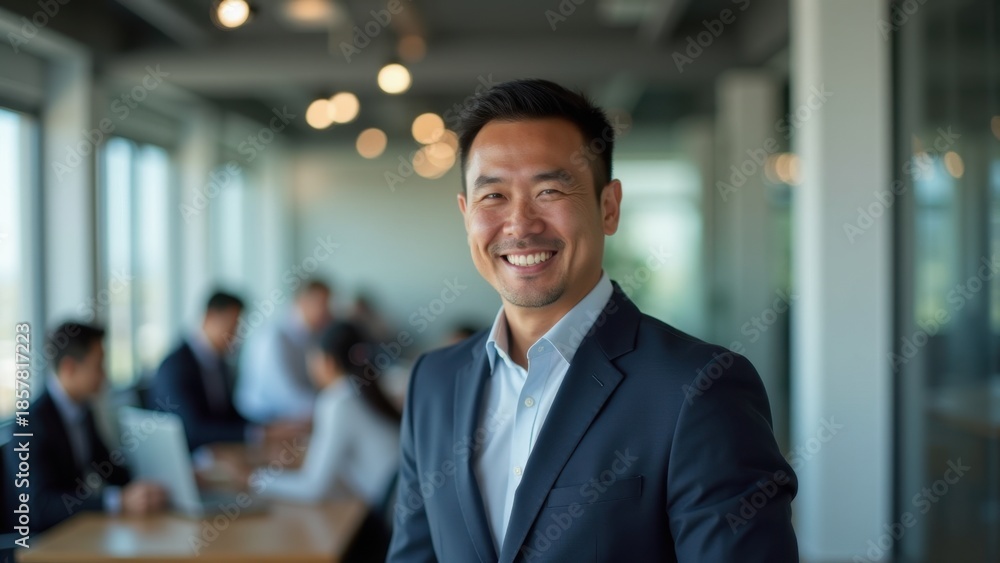 Fototapeta premium Confident asian businessman in grey suit smiling at camera, pocket square and blue tie in modern blurred office with colleagues, concept of corporate leadership, business professional