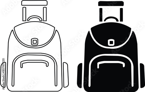 Black travel bag icon set in flat and line style, luggage symbol collection featuring backpacks, suitcases and trolley group, minimal monochrome baggage vector illustration pack with synonym elements