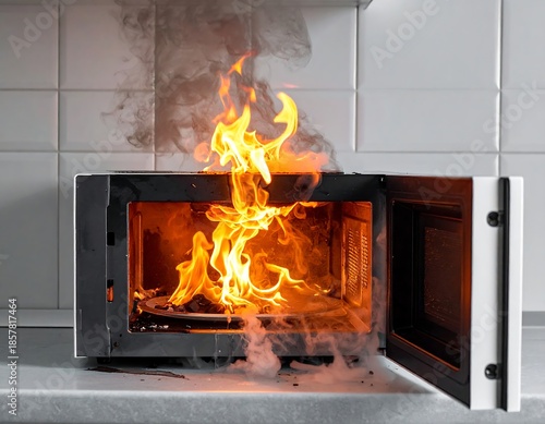 Microwave engulfed in flames, door open, tile background, and rising smoke