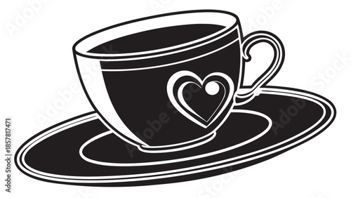 a delicate black and white illustration of a teacup with a heart design on the front silhouette