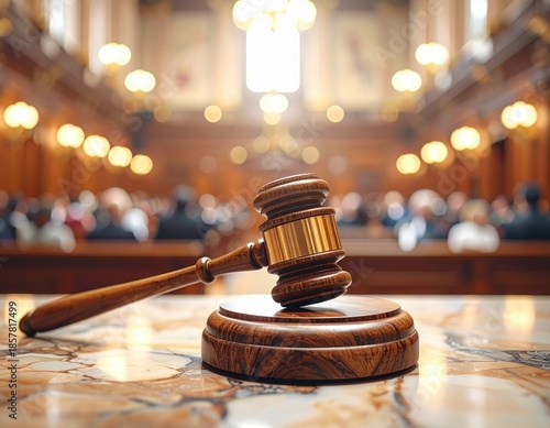 Gavel Resting on a Table in Courtroom during Session, representing Justice System
