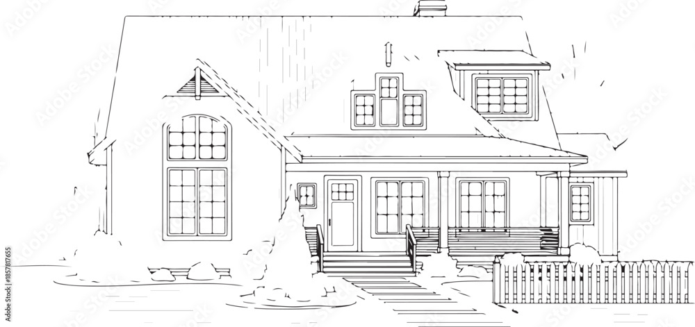 Fototapeta premium Black and White Line Art of a Classic Two-Story House with a Porch and Detailed Windows