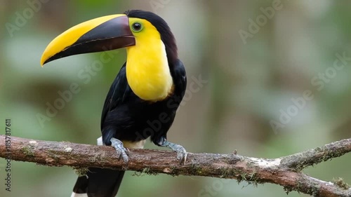 Colorful toucan perched on branch against blurry green background
