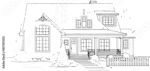 Black and White Line Art of a Classic Two-Story House with a Porch and Detailed Windows