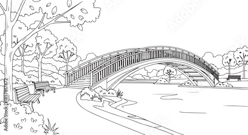 Coloring Page of a Serene Park Scene with Arched Bridge, Benches, and Trees