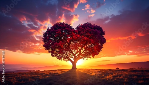 Heart-shaped tree silhouette against a vibrant orange sunset sky, serene field below