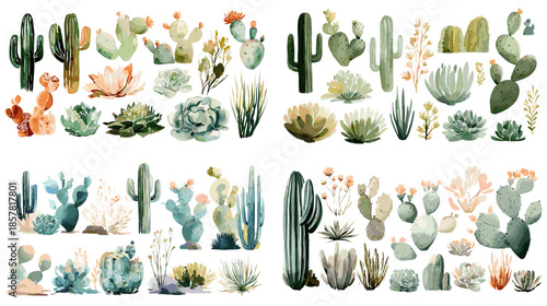Watercolor desert plants and cactus collection featuring succulents and wildflowers in soft pastel tones perfect for boho decor nursery art and nature themed illustrations