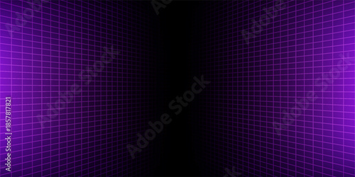 Purple glowing neon wireframe background. Shining checkered vertical grid planes in perspective. Retro futuristic depth wallpaper. Arcade game sci fi matrix surface backdrop for poster, banner. Vector