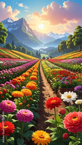 Vibrant flower field stretches to distant mountains under a sunny, bright sky